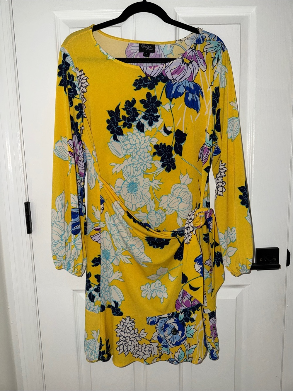 Beige by eci Yellow Floral Long-Sleeve Wrap-Style Dress